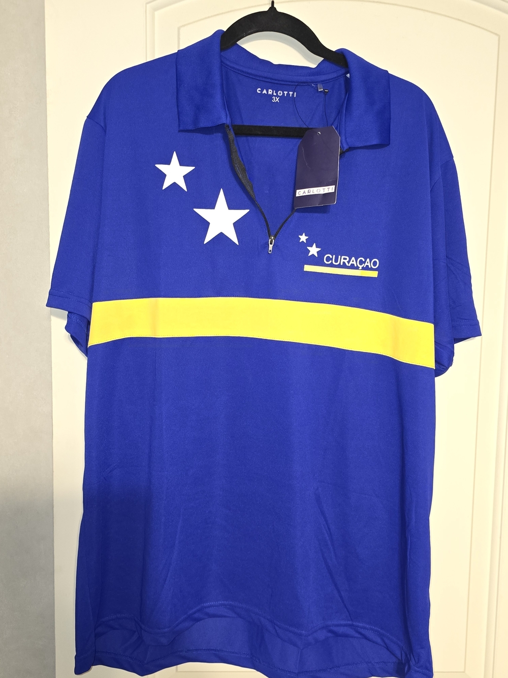 Curaçao Blue Polo Shirt with Yellow Stripe